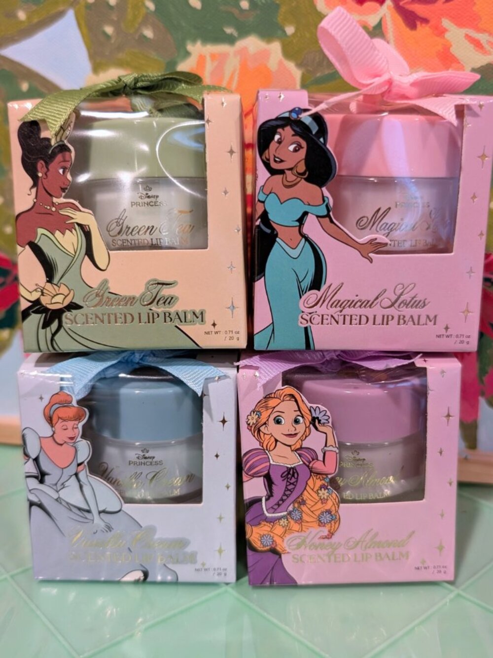 New Disney Princess Scented Lip Balm Set of 4 Tiana Jasmine Cinderella Rapunzel